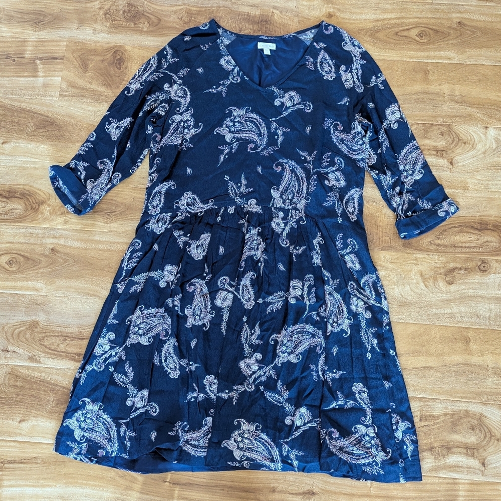 Garnet Hill Navy Paisley Print Bohemian Pocket Detail 3/4 Sleeve Mini Dress 12